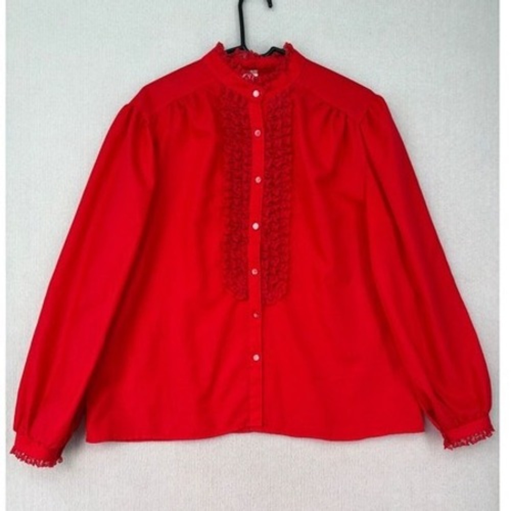 Vintage 80s Ria Blouse Red Lace Ruffle Victorian Prairie Puff Sleeve USA Made